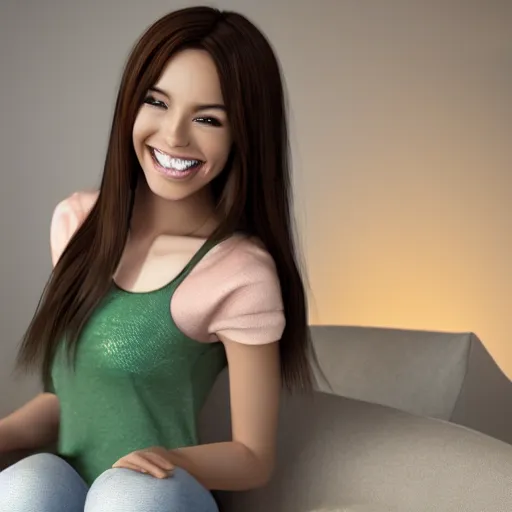 Image similar to Render of a Photo of a cute 3d anime young woman smiling, long shiny bronze brown hair, full round face, emerald green eyes, medium skin tone, light cute freckles, smiling softly, wearing casual clothing, relaxing on a modern couch, interior lighting, cozy living room background, medium shot, mid-shot, soft focus, trending on Artstation, Unreal Engine, 4k, professional photography, Portra 400