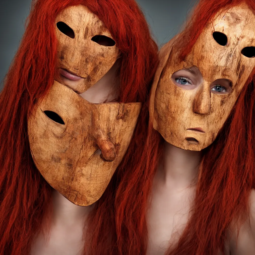 Prompt: woman with wooden mask, long red hair highly detailed, 8 k, hdr, smooth, sharp focus, high resolution, award - winning photo