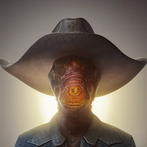 Image similar to hyperrealistic dslr film still of amorphous cephalopod wearing a cowboy hat, stunning 8 k octane comprehensive 3 d render, inspired by istvan sandorfi & greg rutkowski & unreal engine, perfect symmetry, dim volumetric cinematic lighting, extremely hyper - detailed, extremely lifelike attributes & lifelike texture, intricate, masterpiece, artstation, stunning