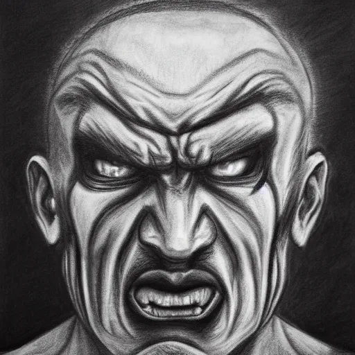 Prompt: A very angry man looking straight into your soul, rage, anger, fire, pencil drawing