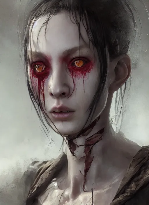 Image similar to portrait of sinister girl with thin evil lips, skeksis, battle worn, bandaged nose, expressive eyes, full body, translucent skin, procedural rendering, greg rutkowski, charlie bowater, yuumei, stephen gammell, unreal 5, daz, hyperrealistic, octane render, rpg portrait, dynamic lighting, fantasy art, beautiful face