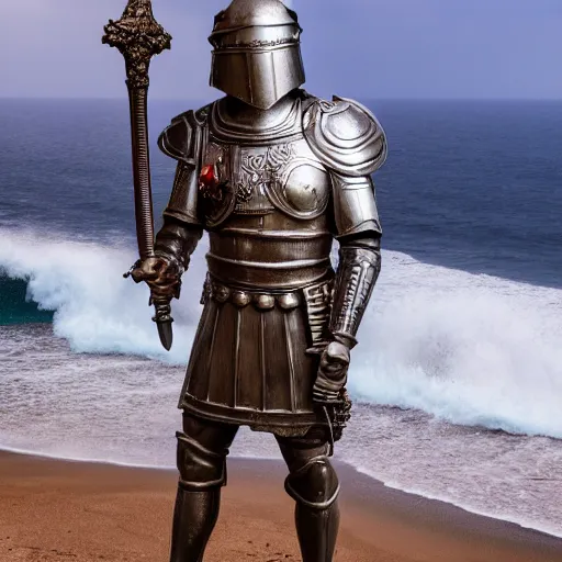 Image similar to greek statue of a Templar knight with ornate engraved armor holding his sword in a battle ready stance looking out over a Cliffside with crashing waves on the shore, synthwave, 4k