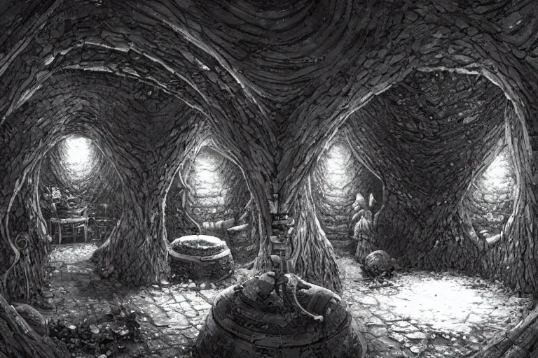 Prompt: black and white point perspective dungeon cozy fantasy dungeon You step into the biological room. The walls and floor are made out of salt that kinda smells like condensation trails. A flexible force of dwarfs guards the room. ,by artgerm and Craig Mullins, James Jean, Andrey Ryabovichev, Mark Simonetti and Peter Morbacher 16k