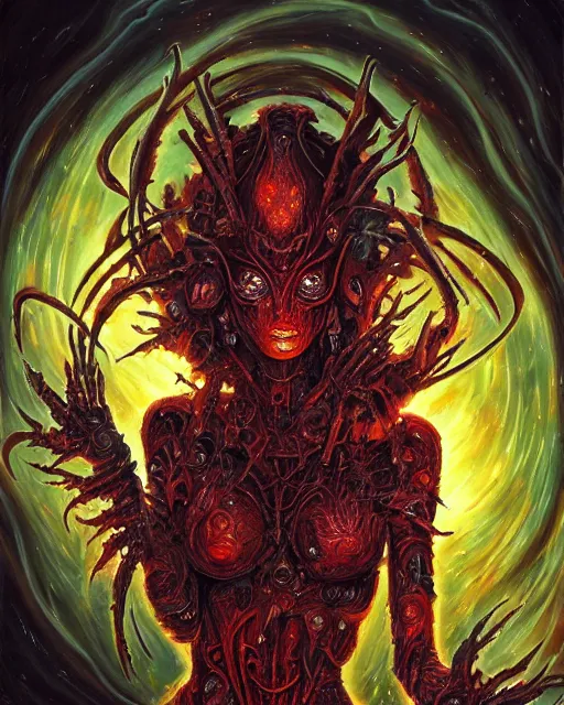 Image similar to charred bloody fleshmetal cyborg daemonhost woman psychedelic flamer of tzeentch, by antonio j. manzanedo, alex grey, android jones, wayne barlowe, philippe druillet, raymond swanland, cyril rolando, josephine wall, harumi hironaka, cronenburg, trending on artstation