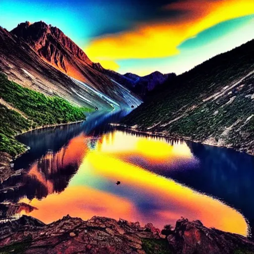 Prompt: sunset above blue lake, beautiful landscape, high detail, instagram photo, professional dslr photo, creative composition, beautiful composition