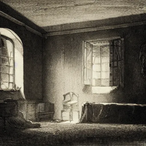 Image similar to living room of an abandonded house, illustration by Gustav Doré, Chiaroscuro, dramatic light