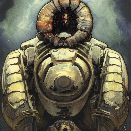 Image similar to portrait of hulking, brutish clone with vacant expression and giant isopod attached to back of neck, wearing brutalist black steel power armor and camoflauge cloak, clearly visible face, science fiction concept art by Anato Finnstark, Alphonse Mucha, and Greg Rutkowski