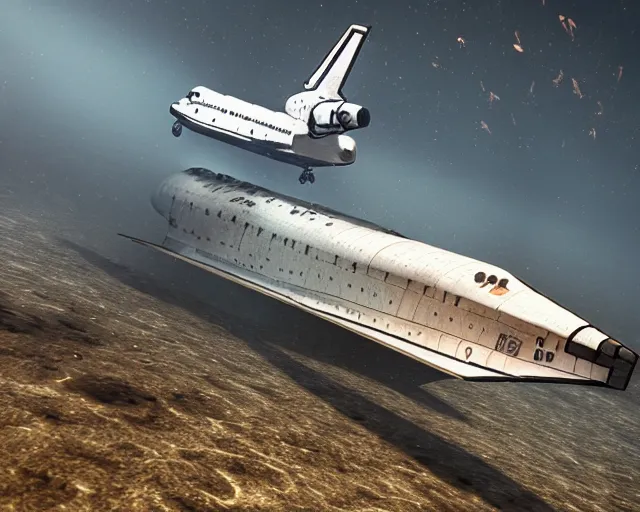 Image similar to old damaged space shuttle submerged under water, cinematic, photoreal, by red dead redemption 2