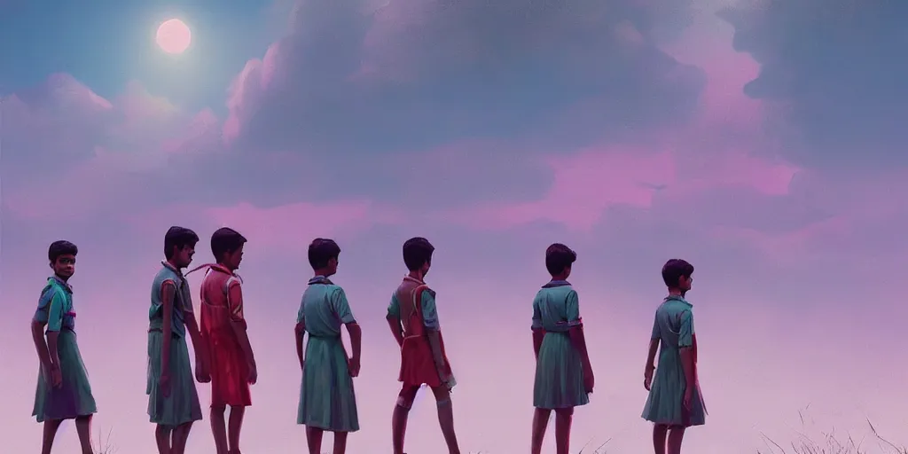 Image similar to kerala school boys wearing girls dresses posing for a photo, an epic fantasy, dramatic lighting, cinematic, establishing shot, extremely high detail, photorealistic, cinematic lighting, artstation, matte painting by simon stalenhag, horizon forbidden west