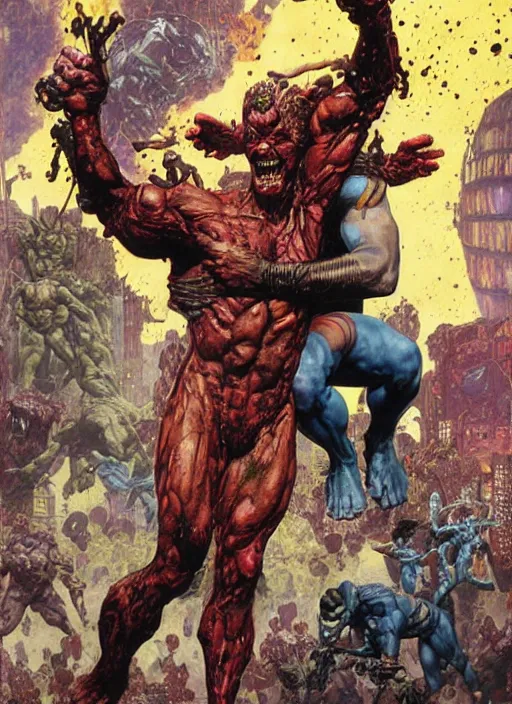 Image similar to josh brolin as mutated superhero battle carnage, city, by lawrence alma tadema and zdzislaw beksinski and norman rockwell and jack kirby and tom lovell and greg staples