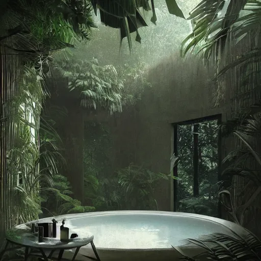 Prompt: exterior bathroom in the jungle designed by louis kahn, poetic architecture, greg rutkowski, digital painting, artstation
