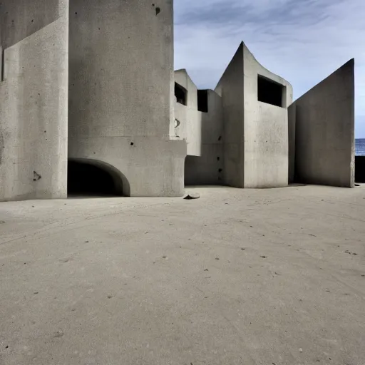 Prompt: art gallery, brutalist architecture, next to the beach, built by Le Corbusier