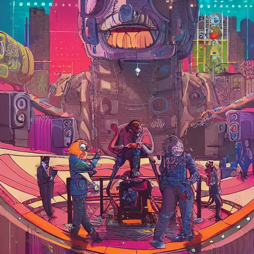 Prompt: a painting of a cyberpunk circus, illustration, painted by josan gonzalez