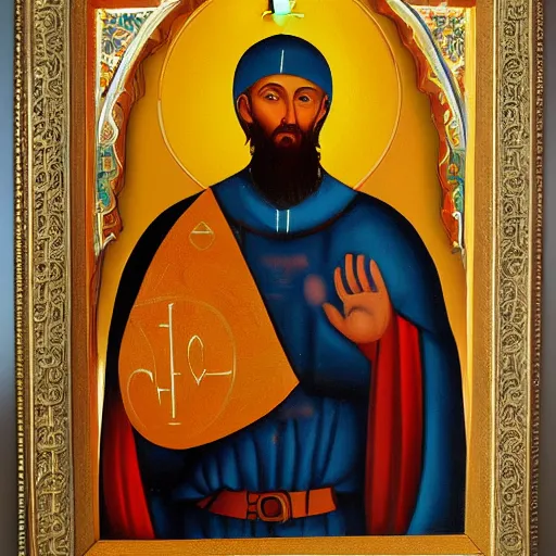 Image similar to habib rieziq shihab as saint with orthodox church styles painting,oil paint