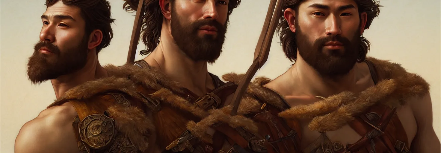 Prompt: renaissance upper body portrait of a gruff ranger with a spear, korean, lean and toned, handsome face, hairy chest, D&D, intricate, elegant, highly detailed, digital painting, artstation, concept art, matte, sharp focus, illustration, art by da Vinci, Artgerm and Greg Rutkowski and Alphonse Mucha