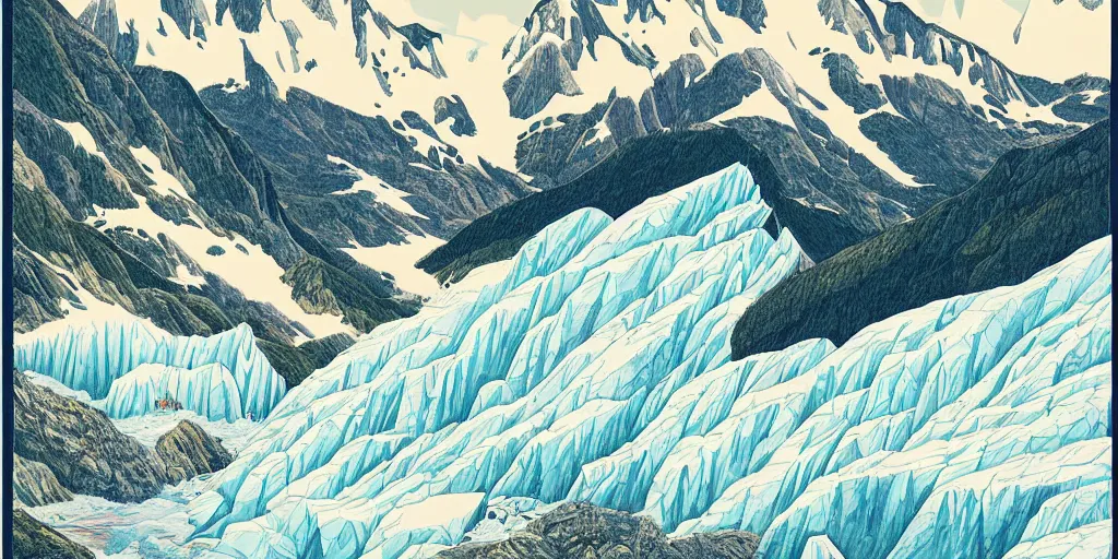 Image similar to beautiful idyllic poster illustration for a craggy ice glacier valley national park by ludwig hohlwein, ludwig hohlwein, graphic, clean bold design