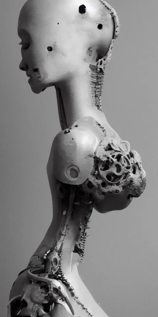 Image similar to black and white dreamy foggy smoky profile face portrait, single skeletal biomechanical beautiful young female cyclops - cyborg - robot bust, body ribs meshes,, volumetric light, rim light, by dora maar and cecile beaton, big gothic fashion pearl embroidered collar, 8 k