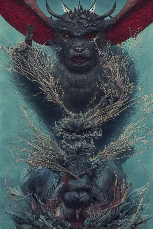 Image similar to a cover of japanese magazine about devil animal creatures bio with a banner and logo on it by illustrated by miyazaki by karol bak, james jean, tom bagshaw, rococo, sharp focus, trending on artstation, cinematic lighting, hyper realism, octane render, 8 k, hyper detailed, vivid, ultra detailed, highly detailed