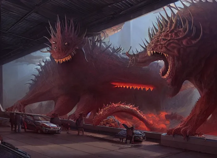 Image similar to scene inside a gas station with harsh industrial lighting, giant monstrous aggressive spiked creature screaming at the camera, epic science fiction horror digital matte painting by Moebius and Mark Brooks (and Greg Rutkowski), extremely detailed, artstation