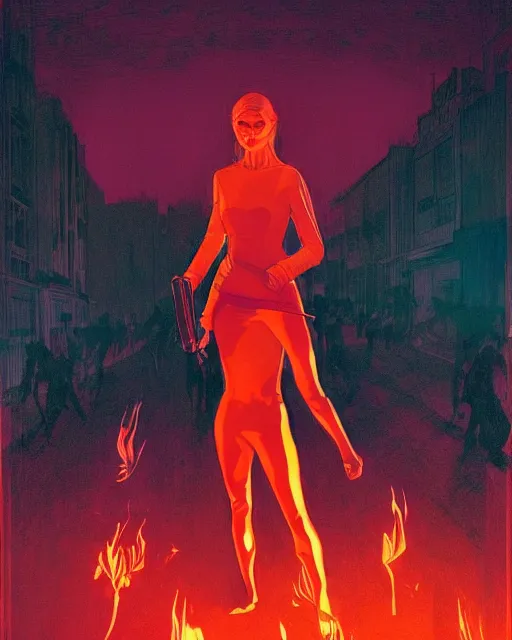 Image similar to in the style of Joshua Middleton comic art and Jules Bastien-Lepage, The Purge people fighting, Samara Weaving full body, night time dark with neon colors, fires, symmetrical faces