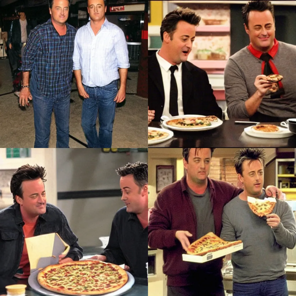 KREA - polaroid photo of Matthew Perry and matt leblanc eating pizza,  friends sitcom