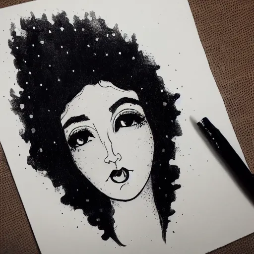 Prompt: A black ink portrait of a lonely beautiful woman with slightly opened lips and the the constellation in her black flowing hair, inktober