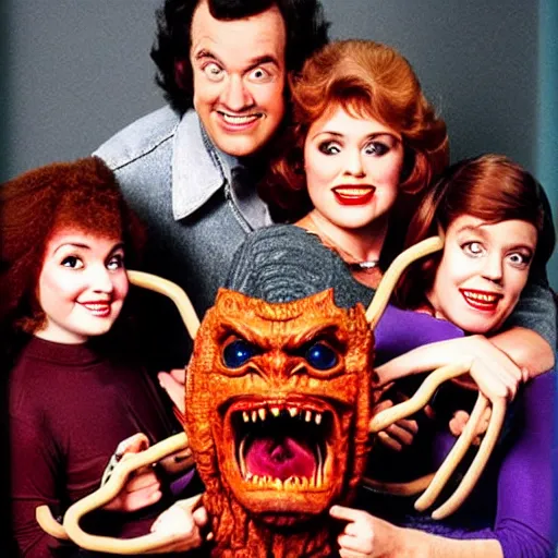 Prompt: vintage 1 9 8 0's sitcom publicity photo, a happy photogenic family and a large giant evil demonic horrifying angry detailed monstrous demon creature wearing nipple clamps inside a 1 9 8 0's sitcom living room