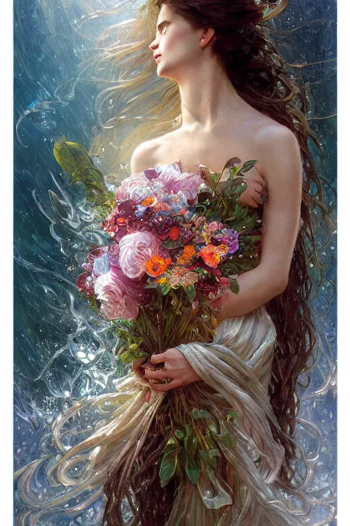 Image similar to portrait of a beautiful mysterious woman holding a bouquet of flowing flowers, wet dripping long hair, hands hidden under the bouquet, emerging from the water, fantasy, regal, intricate, by stanley artgerm lau, greg rutkowski, thomas kindkade, alphonse mucha, loish, norman rockwell