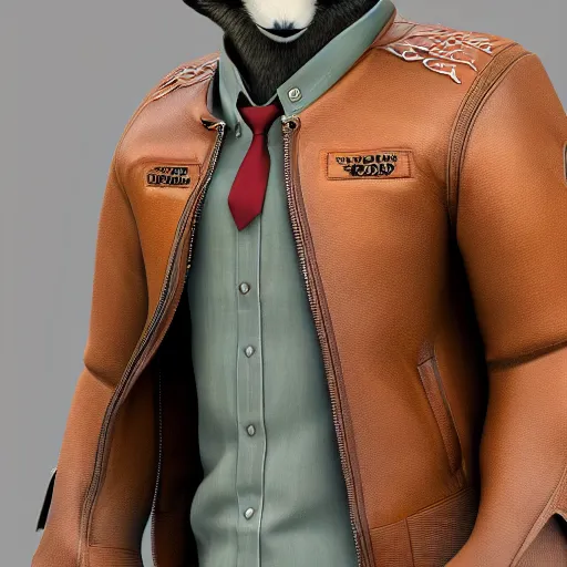 Image similar to portrait, 3d render , anthropomorphic wolf male , wearing along brown leather jacket , in the style of Zootopia