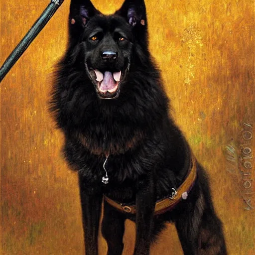 Image similar to a portrait of a black german shepard dogman canine with human eyes smiling holding a staff stick lord of the rings. highly detailed painting by gaston bussiere craig mullins jc leyendecker gustav klimt artgerm greg rutkowski