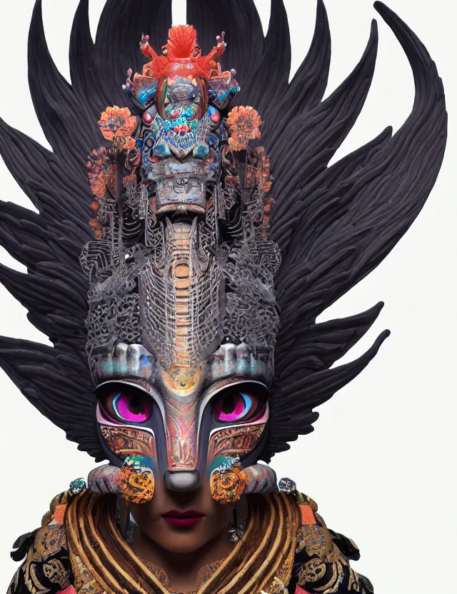 Prompt: 3 d goddess close - up profile portrait aztec with ram skull. beautiful intricately detailed japanese crow kitsune mask and clasical japanese kimono. betta fish, jellyfish phoenix, bio luminescent, plasma, ice, water, wind, creature, artwork by tooth wu and wlop and beeple and greg rutkowski