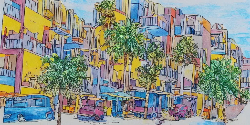 Image similar to tel aviv painting. bauhaus style. buildings with balconies. junction in dizingof center in tel aviv. highly detailed. pen drawing painted with watercolors. colorful. low buildings. palm trees. fluffy