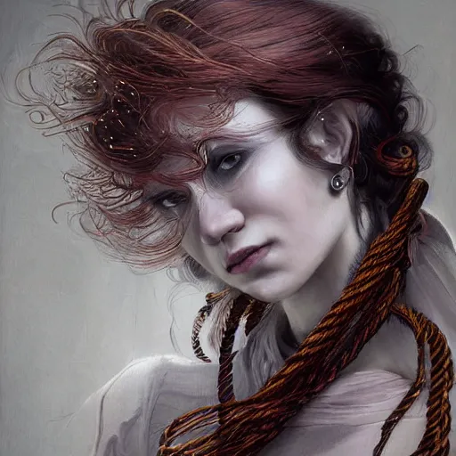 Image similar to portrait of a Shibari rope wrapped face and neck, headshot, insanely nice professional hair style, dramatic hair color, digital painting, of a old 18th century, traveler, amber jewels, baroque, ornate clothing, scifi, realistic, hyperdetailed, chiaroscuro, concept art, art by Franz Hals and Jon Foster and Ayami Kojima and Amano and Karol Bak,