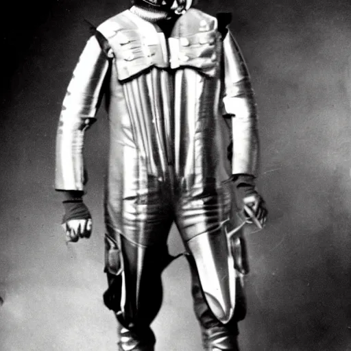 Image similar to a time traveler dressed in a futuristic experimental suit. in a black and white historical picture from 1 9 2 0,