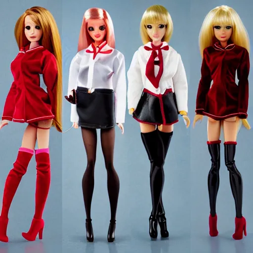 Prompt: anime barbie doll, 5 dolls, doctor suit, playboy, leather, in red velvet stockings, a nurse's dress, full length, heels on her feet