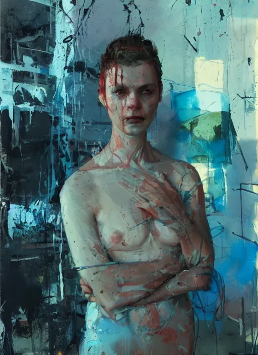 Prompt: portrait of a soviet prisoner, intimate, pastel blue colors, beautiful face, rule of thirds, spotlight, drips of paint, expressive, passionate, by greg rutkowski, by jeremy mann, by francoise nielly, very detailed, hyperrealistic, peter doig
