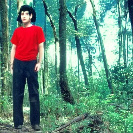 Image similar to a still of a 90s OVA of a man with black hair wearing a red shirt in a forest