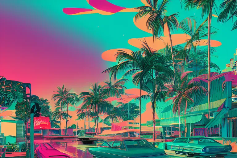 Gorgeous Women 80s Vice City Synthwave Miami Landscape Artstation Winner