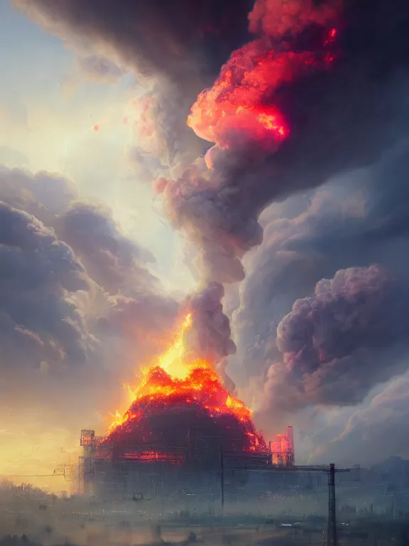 Image similar to photo of 8k ultra realistic nuclear power plant on fire, pylons, heavy swirling cloud, full of colour, cinematic lighting, battered, trending on artstation, 4k, hyperrealistic, focused, extreme details,unreal engine 5, cinematic, masterpiece, art by Peter Mohrbacher