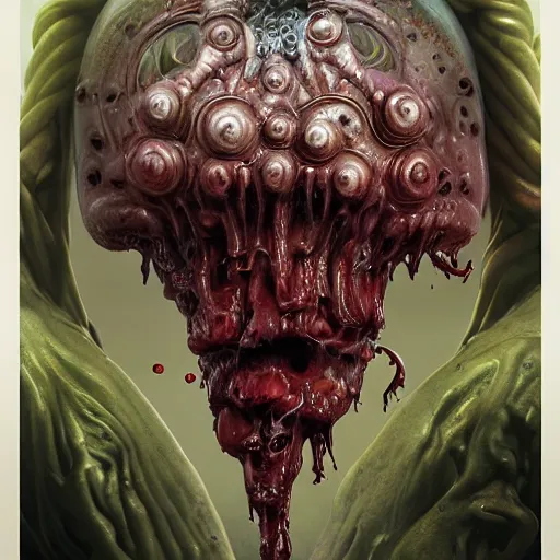 Image similar to portrait of a bloodied ornate filigreed slime dripping genderless insect alien monster, muscles, rippling, space warping and twisting, ultra realistic, concept art, intricate details, eerie, highly detailed, photorealistic, octane render, 8 k, unreal engine. art by artgerm and greg rutkowski and alphonse mucha