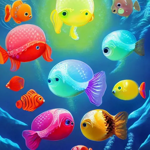 Prompt: adorable bubble fish, underwater, magical ocean, bubbles, tiny colorful fish, bioluminescent jellyfish, noah bradley