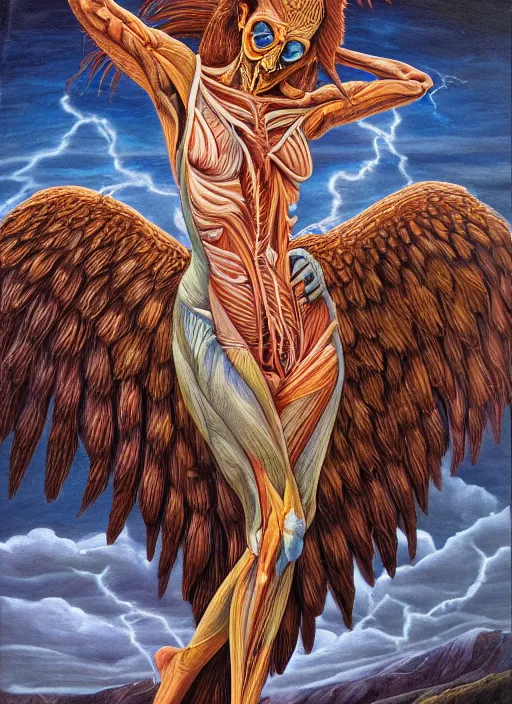 Prompt: an anatomical oil painting of a Harpy from a medical journal by Alex Grey and Julie Bell, highly detailed, high detail, 8k, storm clouds, birds, dramatic lighting