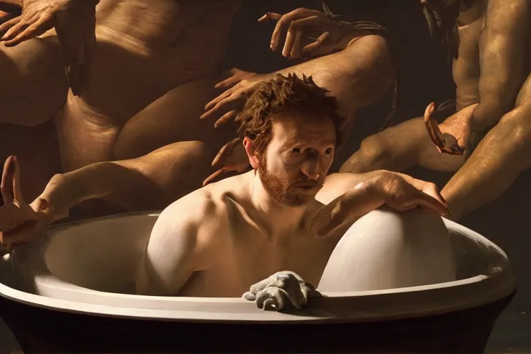 Prompt: hyperrealism aesthetic ridley scott and caravaggio style photography of detailed giant siting on a detailed ultra huge toilet bowl in surreal scene from detailed art house movie in style of denis villeneuve and wes anderson