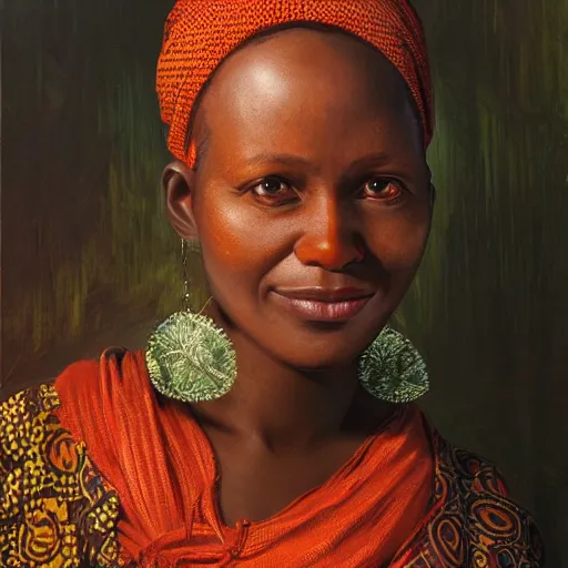 Image similar to portrait of a tanzanian woman ( 3 5 ) from tanzania, an oil painting by ross tran and thomas kincade