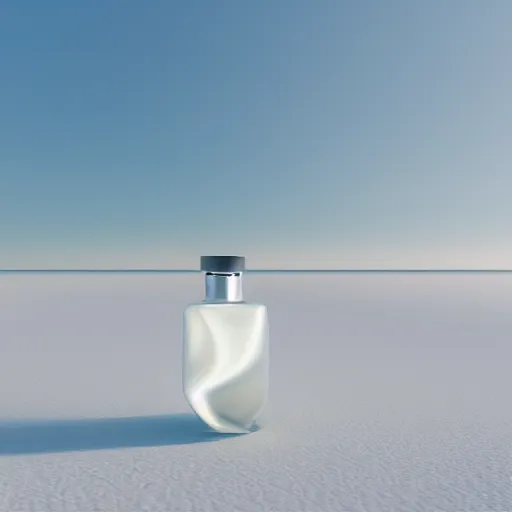 Image similar to perfume bottle on a white zen clean modern minimalist white sand beach with an ocean view, frozen and covered in ice, by peter tarka in an ivory room well contoured smooth fair walls, zaha hadid octane highly render, 4 k, ultra hd,