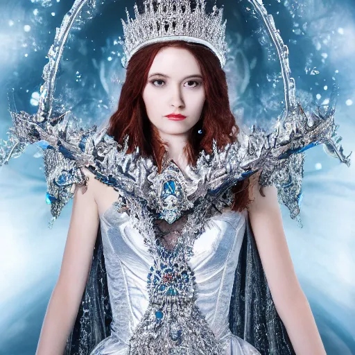 Image similar to beautiful ice queen with ornate cloak and crown, highly detailed, 4k, HDR, smooth, sharp focus, hyper realistic, high resolution, award-winning photo