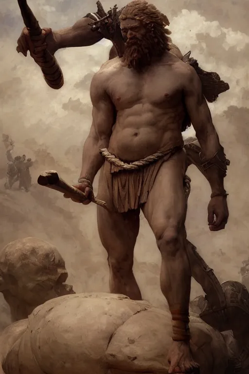 Image similar to ancient historically accurate depiction of the Bible Character Goliath of Gath, the Philistine warrior giant by frank miller, illustration by Ruan Jia and Mandy Jurgens and William-Adolphe Bouguereau, Artgerm, 4k, digital art, surreal, space dandy style, highly detailed, godsend, artstation, digital painting, concept art, smooth, sharp focus, illustration by Ruan Jia and Mandy Jurgens and William-Adolphe Bouguereau, Artgerm