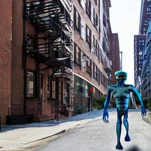 Image similar to an 8 k super hi res hdr realistic humanoid alien walking down a street in brooklyn