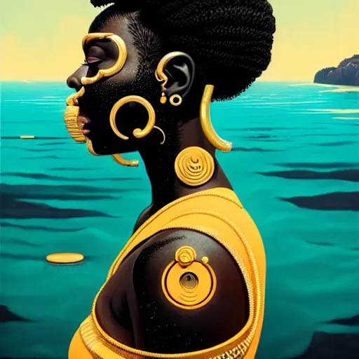 Image similar to portrait of a black woman :: side profile :: blood :: background sea :: intricate details in gold :: oxygen implant :: 8k :: simon stalenhag and Sandra Chevrier