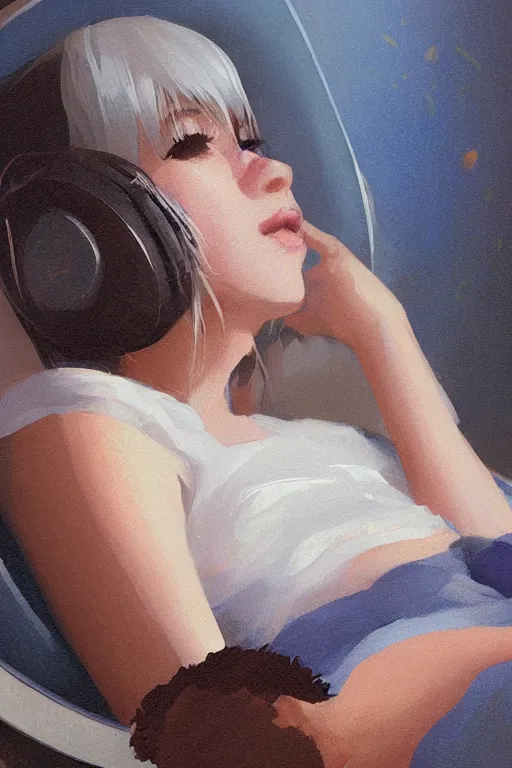 Prompt: a medium close-up of cute young woman lying in a ball chair listening to music with her eyes closed and wearing headphones, white bob cut hair, freckles, cozy setting, blue and white, warm lighting, cinematic, moody, nier automata, poster, oil on canvas, in the style of Ilya Kuvshinov, Krenz Cushart, Range Murata, Eero Aarnio, 8k